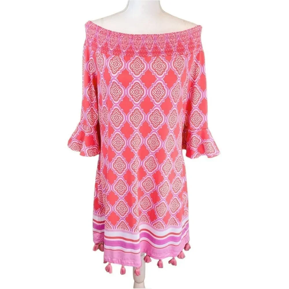 Cabana Life Coral Geo Off Shoulder SPF Dress XS - Picture 8 of 11